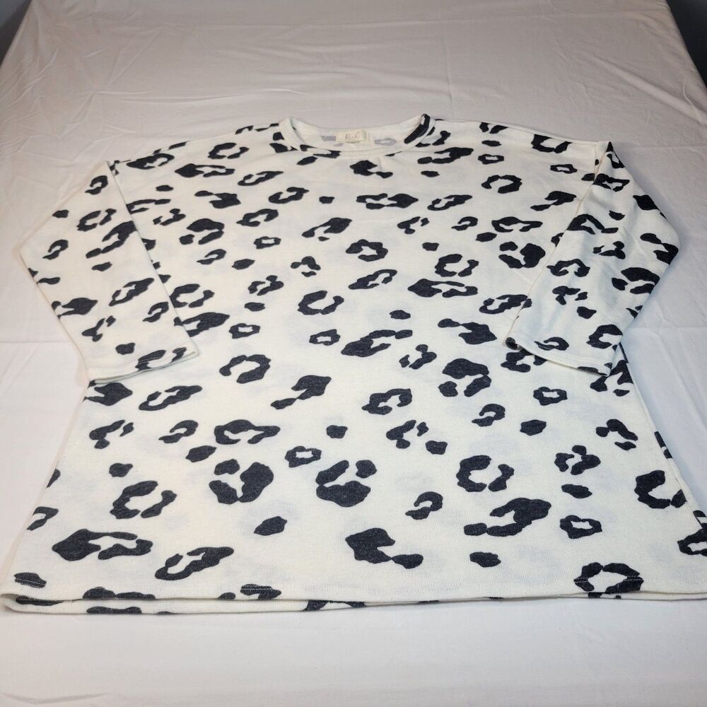 Riah Fashion L Leopard Print Knit Sweater Top Black White Tunic Pullover Cozy